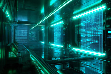 Poster - Futuristic blue and green virtual data display, showcasing floating lines of code and neon holographic grids, with a sleek, high-tech atmosphere. futuristic technology background