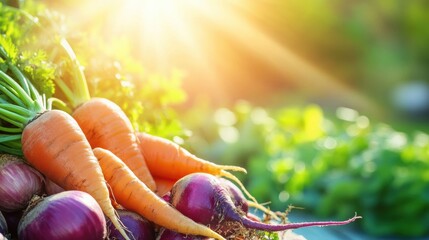 Poster - Freshly harvested carrots, beets, and onions bask in warm sunlight, showcasing vibrant colors in a garden during evening hours. Generative AI