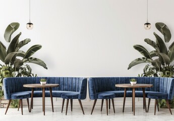 Two blue velvet sofas with wooden tables in a modern interior with white walls