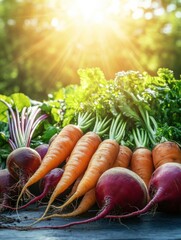 Aufkleber - Freshly harvested carrots, beets, and onions glow under sun rays in a vibrant garden, highlighting their rich colors and textures. Generative AI