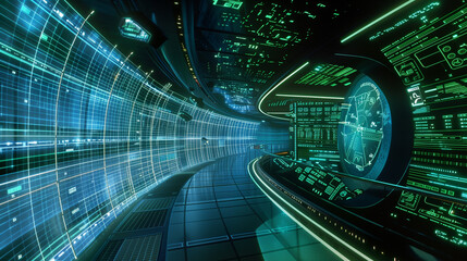 Poster - Futuristic blue and green virtual data display, showcasing floating lines of code and neon holographic grids, with a sleek, high-tech atmosphere. futuristic technology background