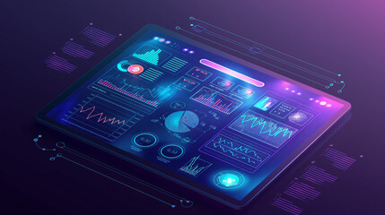 Poster - Virtual data display with transparent screens, streaming lines of code, and holographic HUD elements over a dark, gradient blue background. futuristic technology background tech wallpaper