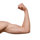 Male arm of caucasian young man muscles close-up, front view, png, isolated on transparent background. fist expressing strength and power