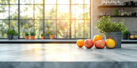 Bright modern kitchen with sunlight decor. Natural light fills the interior, illuminating the countertop with fresh fruit and potted plants. Stylish and inviting setting, perfect for capturing