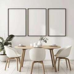 Modern dining room interior with a round wooden table. two chairs. and three empty picture frames on the wall