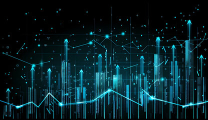 Poster - A digital background with blue arrows pointing upwards, a graph of growth and development on a dark background