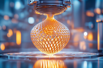 Poster - A printer produces a delicate glowing design, showcasing advanced 3D crafting techniques in a futuristic workshop