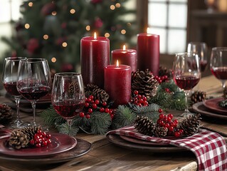  Cozy holiday dining table decorated with red candles, pinecones, and festive greenery, creating a warm, inviting atmosphere perfect for Christmas gatherings.