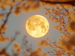 Wall Mural - golden full moon framed by cherry blossom branches, petals softly glowing in moonlight, creating del