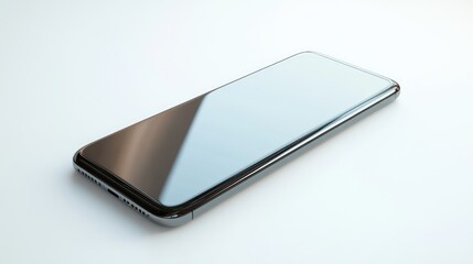 High-resolution 3D render of a modern smartphone with a sleek and polished design, lying flat on a clean white background. 