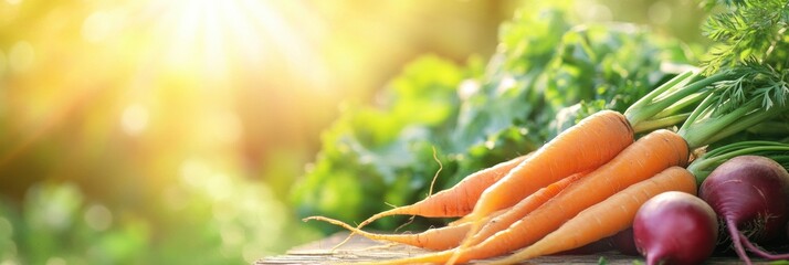 Poster - Sunlight bathes a bed of fresh carrots, beets, and onions, showcasing their vivid colors and freshness in the garden. Generative AI