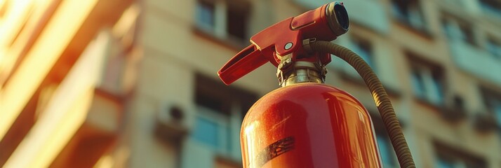 Aufkleber - A vibrant fire extinguisher stands prominently in the foreground with a blurred urban building behind it, highlighting safety measures. Generative AI
