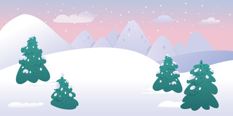 Winter mountains landscape in snowy weather. Nature scene with snowy hills, clouds and falling snow. Cartoon vector background for ski resort, park, hotel, touristic agency.
