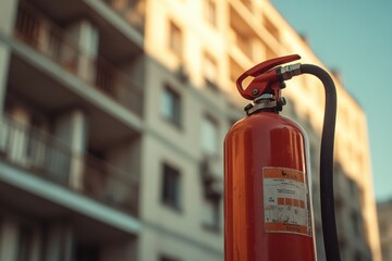 Aufkleber - A bright fire extinguisher is positioned in focus against a blurred background of an apartment building, emphasizing safety. Generative AI