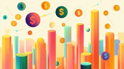 Poster - Abstract finance chart with vibrant segments and dollar coins, symbolizing data analysis and profit growth.