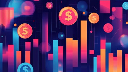 Poster - Abstract finance chart with vibrant segments and dollar coins, symbolizing data analysis and profit growth.