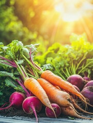 Poster - Freshly harvested carrots, beets, and onions bask in golden sunlight, showcasing rich colors and textures in a serene garden. Generative AI