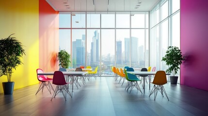 Aufkleber - Brightly colored office meeting room with tables, chairs, and a panoramic window, modern and inviting.