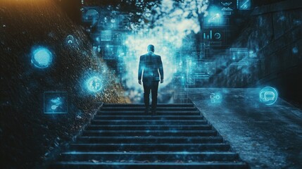 Poster - Businessman on concrete steps, surrounded by glowing icons of SME management in a futuristic hologram.