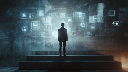 Poster - Businessman on concrete steps, surrounded by glowing icons of SME management in a futuristic hologram.
