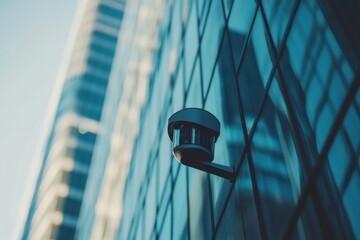 Poster - The exterior of a contemporary office building featuring multiple surveillance cameras monitoring activity under bright daylight. Generative AI
