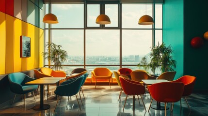 Poster - Colorful office meeting room with tables, comfortable chairs, and a panoramic view window.