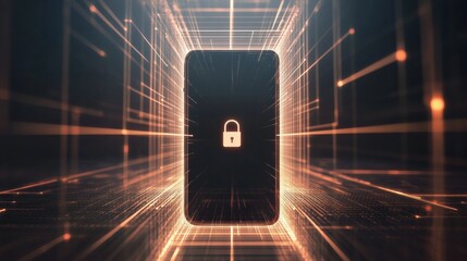 Fototapete - A smartphone shows a lock icon against a digital background, highlighting the importance of security and privacy for users' data. Generative AI