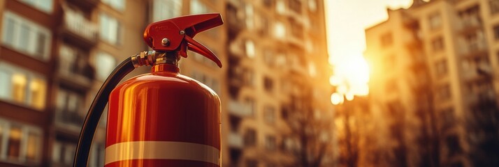 Aufkleber - The bright red fire extinguisher is in focus while a building is softly blurred in the warm light of dusk. Generative AI