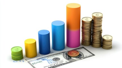 Poster - Financial chart with vibrant segments and floating dollar coins, symbolizing economic data analysis.