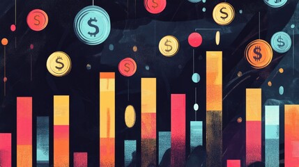 Poster - Financial chart with vibrant segments and floating dollar coins, symbolizing economic data analysis.