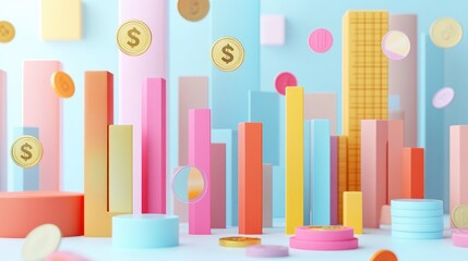 Poster - Financial chart with vibrant segments and floating dollar coins, symbolizing economic data analysis.