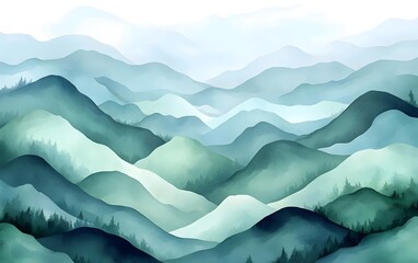 A serene and tranquil landscape of undulating mountains in shades of green and blue, evoking a sense of peace and calmness through soft, dreamy hues and fluid shapes.