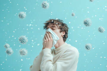 man with a common cold, sneezing and covering hid mouth with one arm, surrounded by a representation of coronavirus or flu particles in an isolated pastel blue background. 