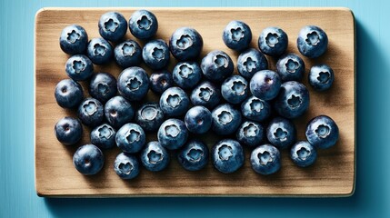 Wall Mural - Top view of fresh ripe blueberries arranged on a wooden cutting board with a blue background