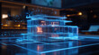 © CuteChicken - A futuristic digital model of a house showcased in a holographic format, highlighting architectural design through glowing, wireframe visuals.