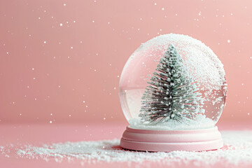 Wall Mural - Snow ball with Christmas tree on blurred pastel pink background. Festive Xmas banner with snow globe. New year concept for greeting card with copy space.