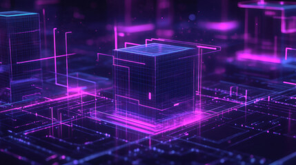 a vibrant, abstract representation of digital technology with glowing cubes and interconnected lines