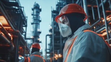 Refinery workers in protective gear inspecting fuel pipelines in a high-tech industrial plant