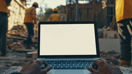 A person working on a laptop in front of a construction site.