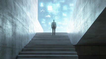 Poster - Person on concrete staircase with holographic display of business management icons, futuristic business concept.