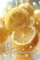 Wall Mural - Close-up of fresh, juicy lemons with sparkling bubbles, creating a refreshing and vibrant scene. The lemons are sliced, showcasing their juicy texture and bright color.