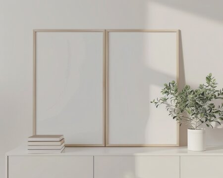 Minimalist interior design with empty frames. plant. and books on a white shelf