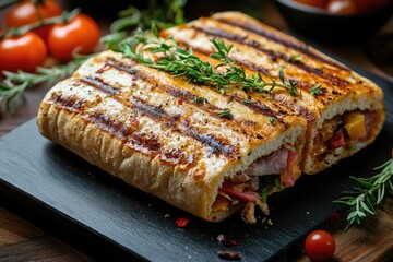 Wall Mural - Delicious grilled panini with ham, cheese, and vegetables garnished with fresh thyme