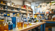 © Siasart Stock - Laboratory Bottles on Table with Blurred Background