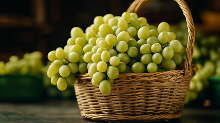 Poster - basket filled with fresh green grapes sits on rustic wooden table, evoking sense of natural abundance and simplicity