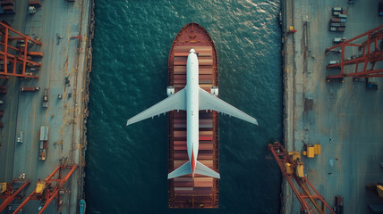 Aerial view of a cargo ship and airplane at a busy shipping port at sunset