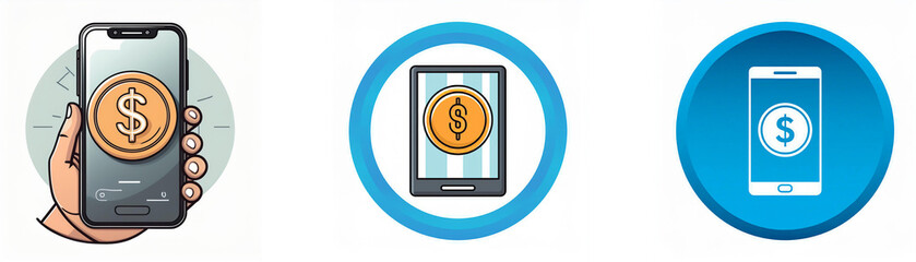 Poster - A hand holding a smartphone with a dollar coin displayed on the screen, alongside a smartphone with a dollar coin displayed on the screen, and a flat-style icon of a smartphone with a dollar coin.