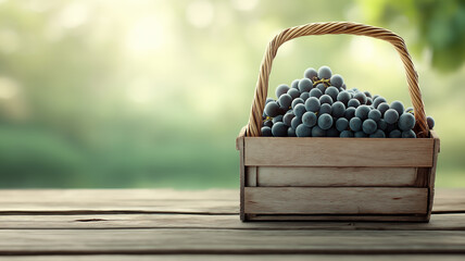 Poster - basket filled with fresh grapes sits on wooden table, bathed in soft natural light, creating serene and inviting atmosphere