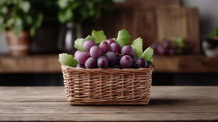 Poster - rustic basket filled with fresh purple grapes sits on wooden table, creating cozy and inviting atmosphere. grapes are vibrant and surrounded by green leaves