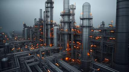 Aufkleber - wide view of oil refinery in action, showcasing intricate metal structures and glowing lights under cloudy sky, highlighting industrial complexity and energy production